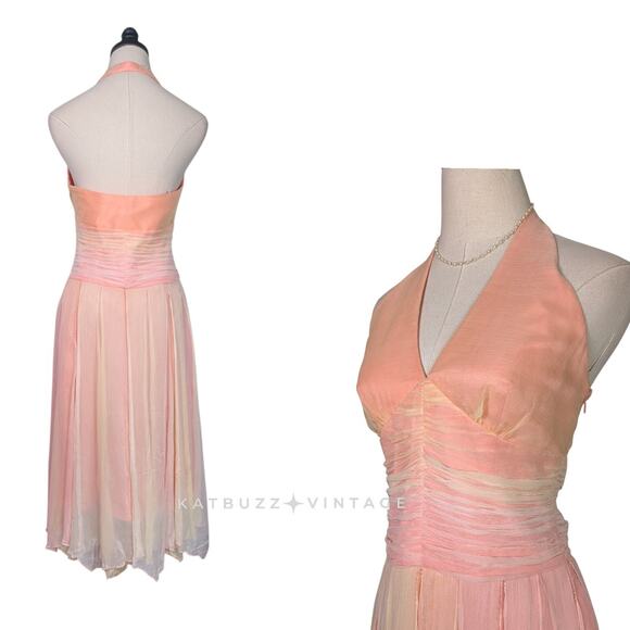 Silk Midi Dress Cocktail Gown 8P Pink Orange Vintage Fairy Y2K Ombre Nymph Glam - Picture 2 of 16
